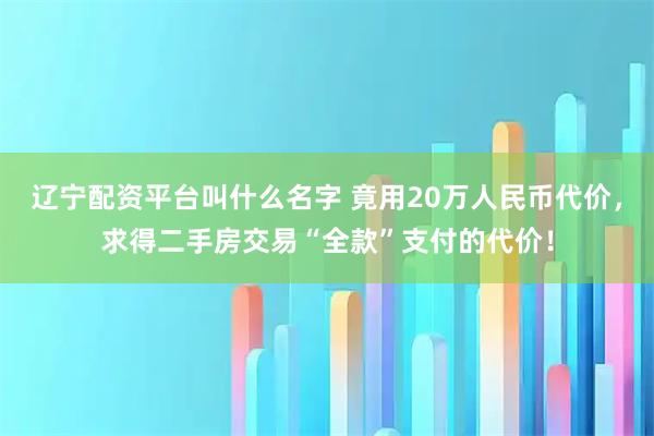 辽宁配资平台叫什么名字 竟用20万人民币代价，求得二手房交易“全款”支付的代价！